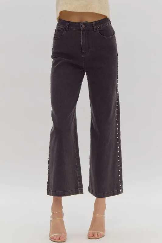 Women's denim jeans with a animal rights change cause design embellishment-High Waisted Denim Wide Leg Studded Jean