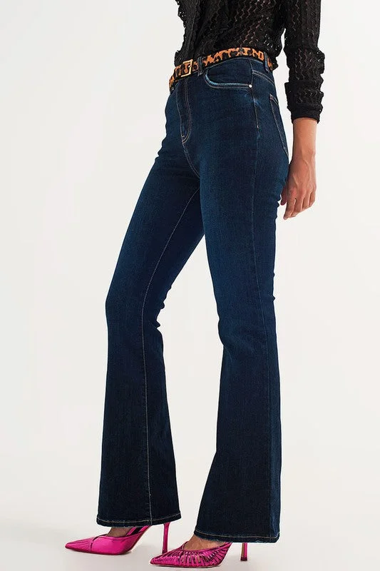 Women's denim jeans with a cultural design embellishment-70S HIGH FLARE JEANS IN INDIGO STRETCH
