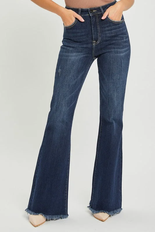 Women's denim jeans styled for winter-Risen Jeans High Rise Vintage Frayed Hem Flare Jeans