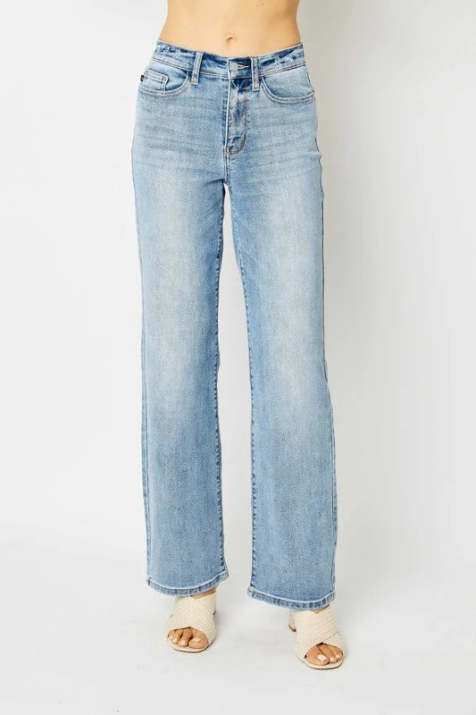 Women's denim jeans styled for fall-Judy Blue High Waisted Light Wash Straight Leg