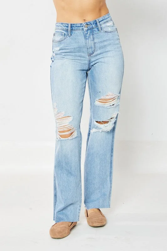 Women's denim jeans with a memorial change cause design embellishment-Judy Blue High Waist Rigid Magic 90's Destroy Straight