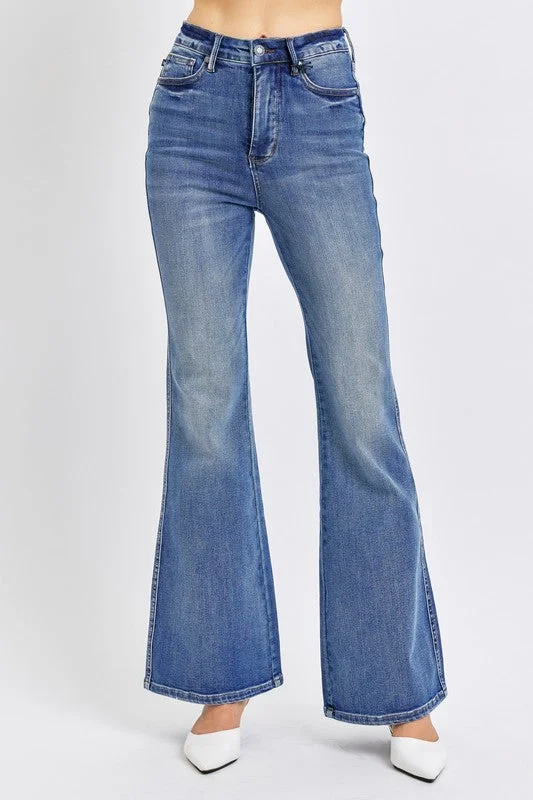 Women's denim jeans with a peace change cause design embellishment-Judy Blue Hi-Waist Tummy Control Contrast Wash Flare