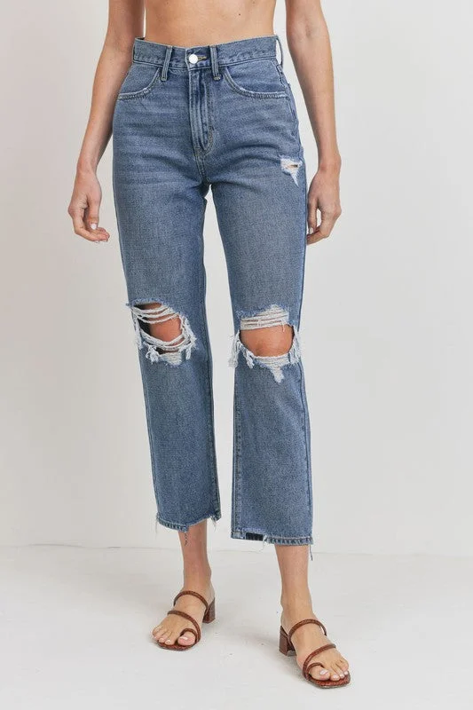 Women's denim jeans with a revolution cause design embellishment-90'S CROPPED DISTRESSED STRAIGHT