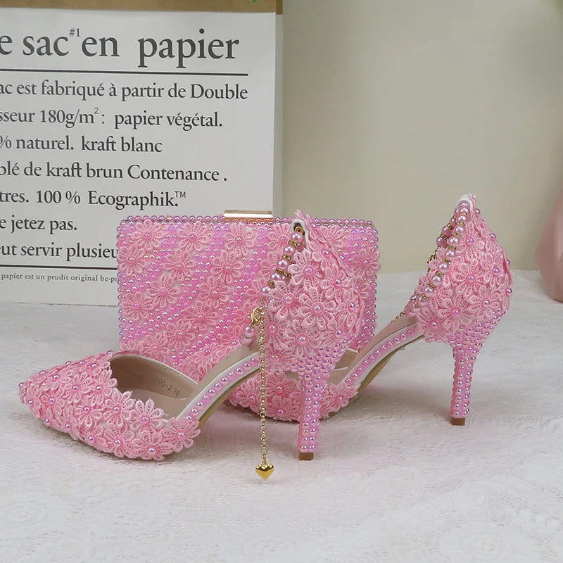 Stiletto Heel Pumps with Perfect Fit--Pink Pearl Flower Wedding Shoes With Matching Bags High Heels Pointed Toe-Fashionable & Classic