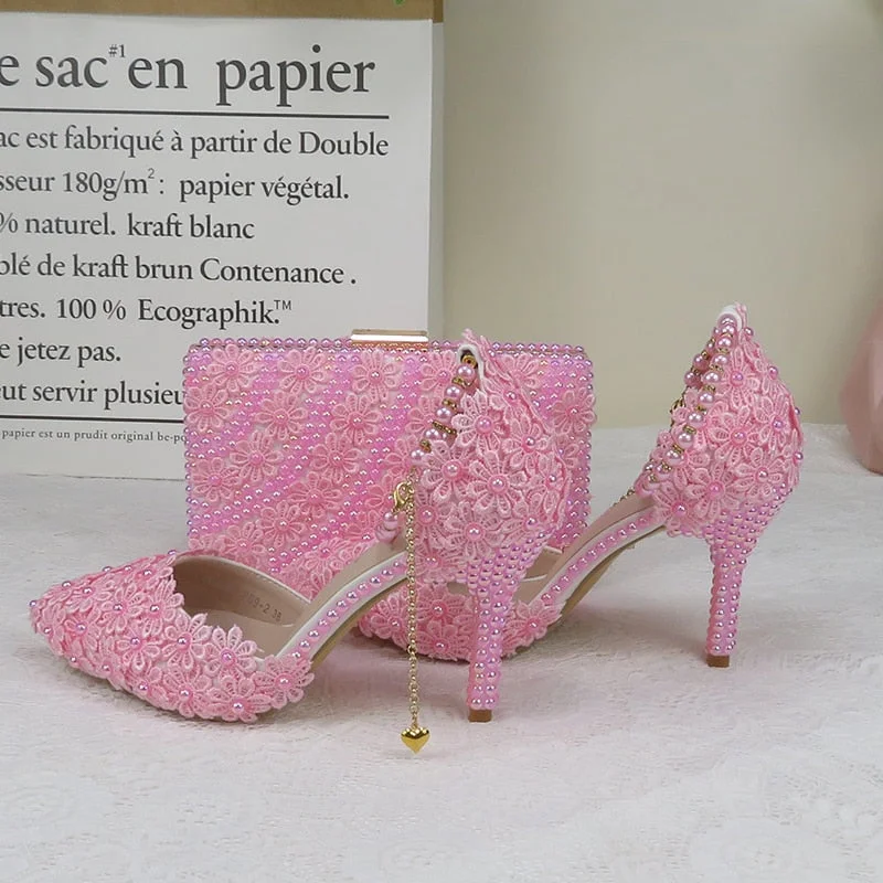 Stylish Ankle Strap Heels for Women--Flower Wedding Shoes With Matching Bags High Heels Pointed Toe Ankle Strap