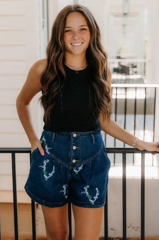 Women's denim shorts for warm weather outings :Angelica Embroidered Floral Denim Shorts - Final Sale 40% off in cart Women's denim shorts for warm weather outings :Angelica Embroidered Floral Denim Shorts - Final Sale 40% off in cart