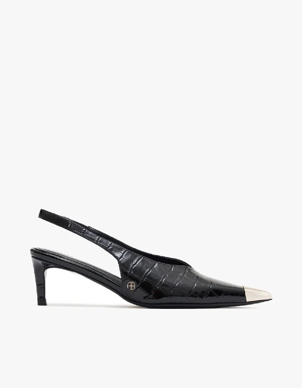 Versatile Heeled Sandals for Any Occasion---Nina Heels With Metal Toe Cap - Black Embossed