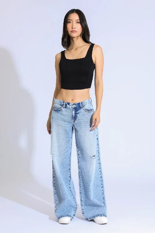 Women's denim jeans styled for fall-ASHLEY CLASSIC LOW RISE A-LINE BAGGY JEANS - LIGHT BLUE/BLACK