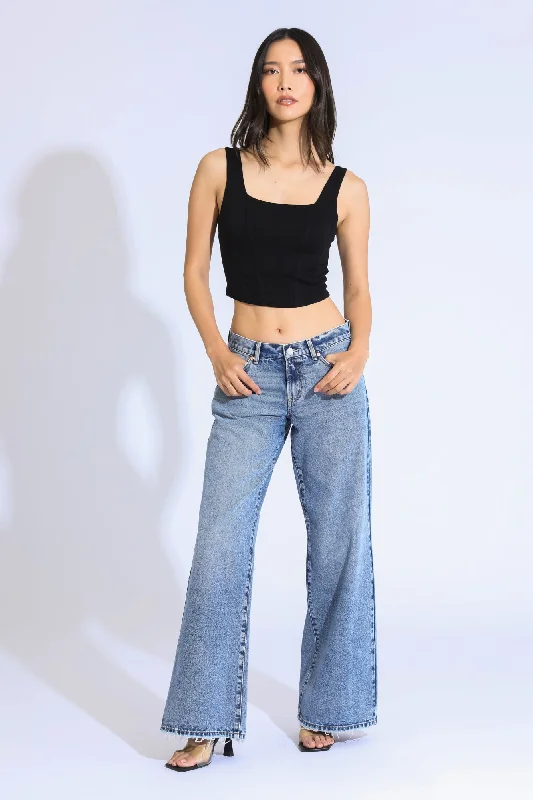 Women's denim jeans on near sale top-ASHLEY CLASSIC LOW RISE A-LINE BAGGY JEANS - BLUE/BLACK