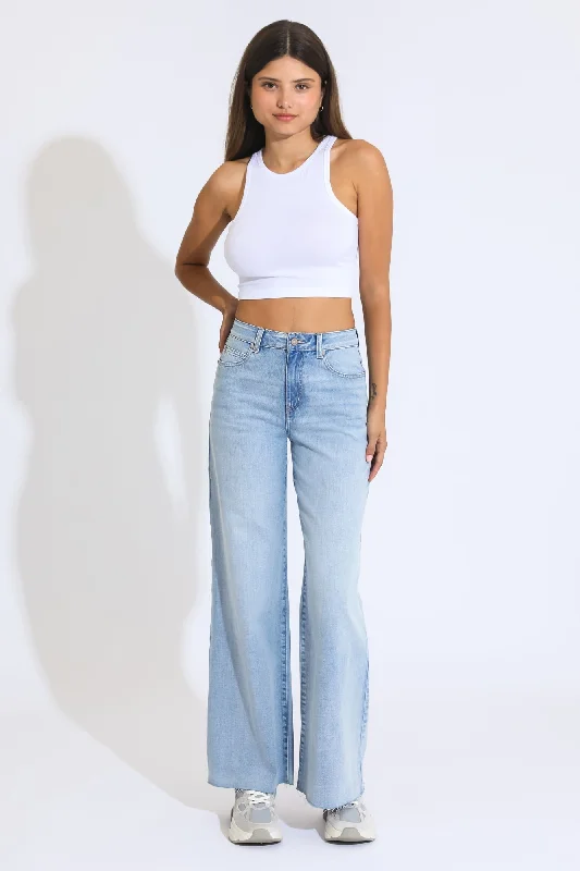 Women's denim jeans with distressed details-Ashley Super High Rise A-line Baggy Jeans - Light Medium Blue