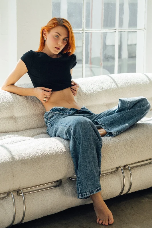 Women's denim jeans with a support change cause design embellishment-Avery Low Rise Baggy Jeans - Medium Blue