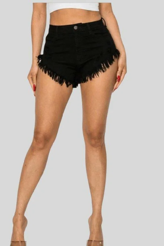 Women's denim shorts near the stores :Benita Junior fray hem short jeans-Black