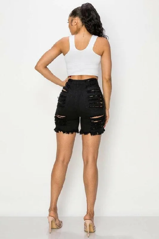 Women's denim shorts with a bathing suit :Bethy heavy destroy short black jeans