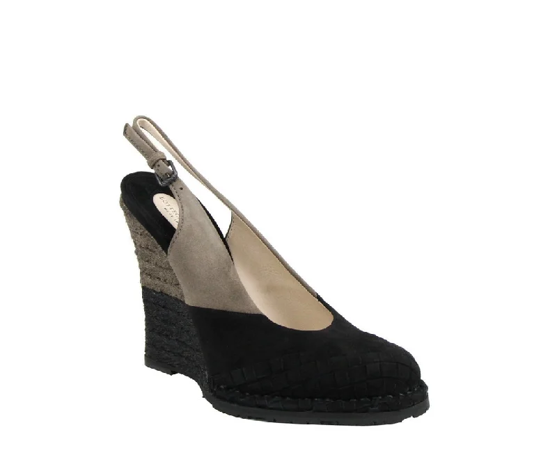 Affordable Suede Ankle Pumps for All-Day Wear--Bottega Veneta Women's Black / Gray Suede Woven Straw Wedge Slingbacks