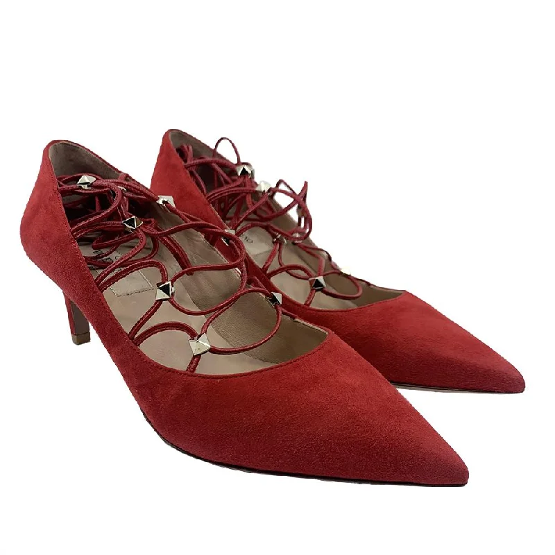 Affordable Suede Ankle Pumps for All-Day Wear--Valentino Women's Suede Rockstud Strappy Heels Red