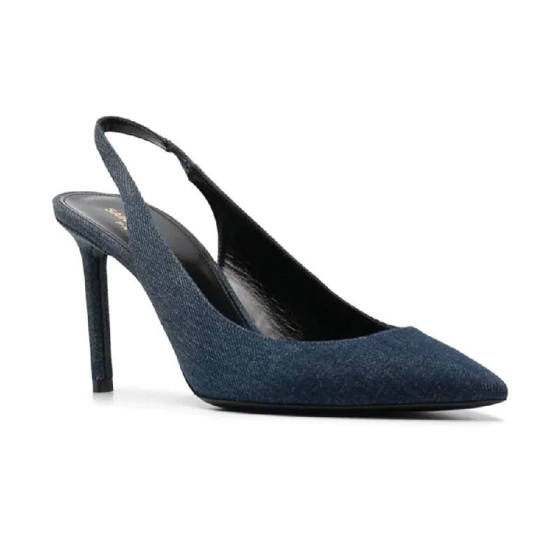 Saint Laurent Women's Anja 85 Denim Slingback Pumps in Blue---Chic Denim Fabric Heels for a Unique Look