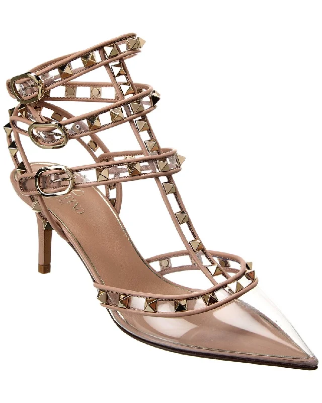 Stylish Ankle Strap Heels for Women--Valentino Rockstud Caged 65 Leather & Vinyl Ankle Strap Pump