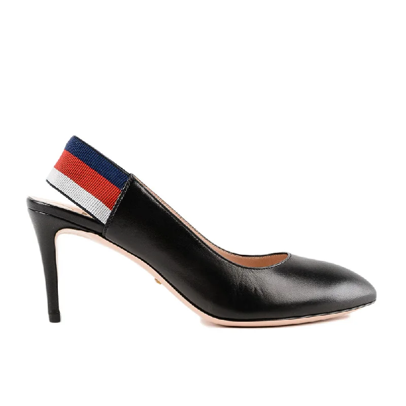 Fashionable Leather Slingback Pumps for Casual Wear--Gucci Women's Sylvie Web Leather Slingback Heels Pumps in Black