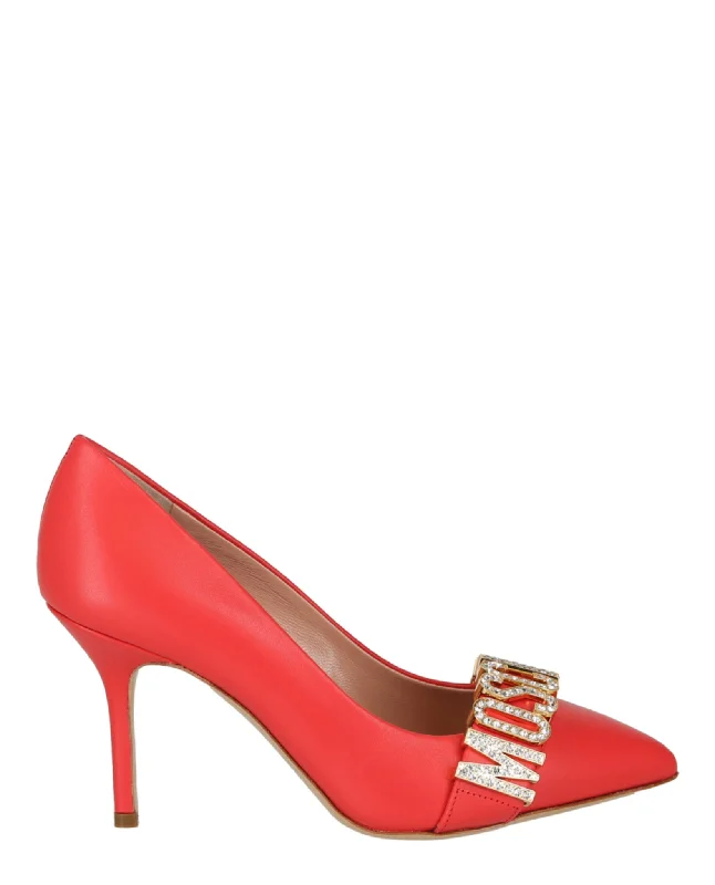 Moschino Womens Crystal Logo Leather Pumps---Comfortable Leather Pumps for Office and Everyday Wear