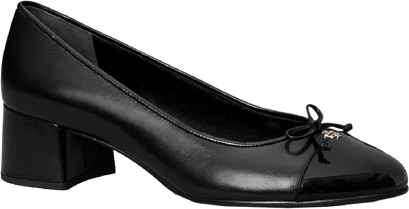 Trendy Chunky Heel Pumps for Casual Wear--Tory Burch Women's Cap Toe Block Heel Pumps Shoes, Perfect Black