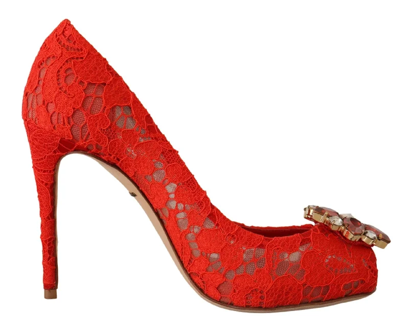 Affordable Rhinestone Pumps for a Dazzling Look---Dolce & Gabbana Red Crystal Taormina Lace Heels Women's Pumps