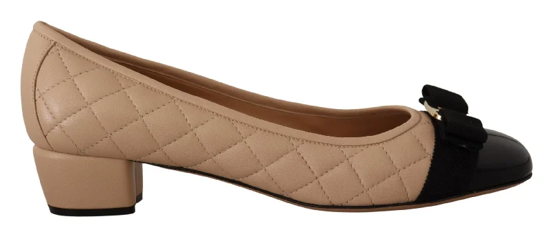 Salvatore Ferragamo Elegant Quilted Leather Pumps in Beige and Women's Black---Comfortable Leather Pumps for Office and Everyday Wear