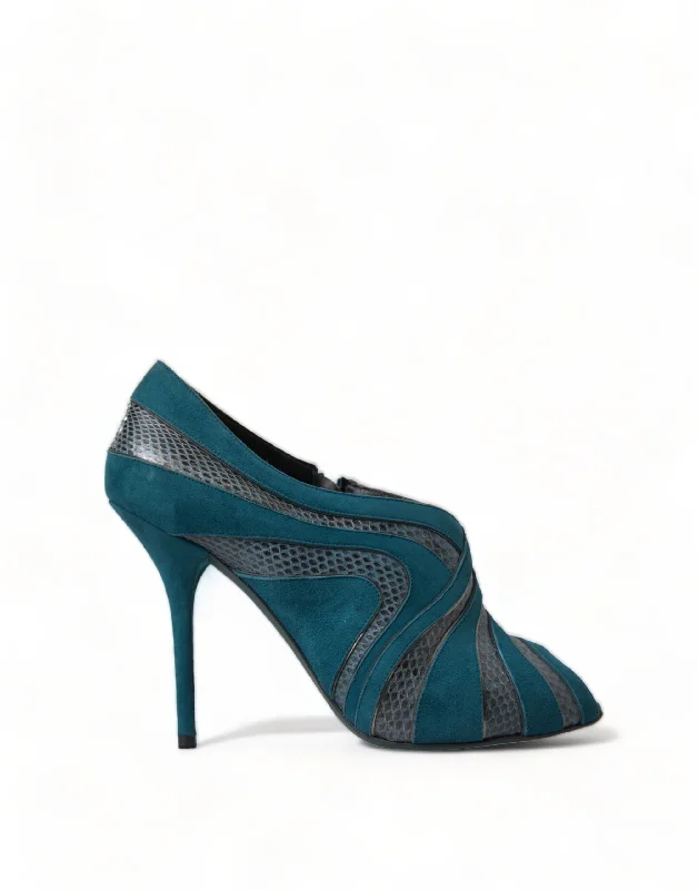 Trendy Peep Toe Platform Heels Crafted from Genuine Leather--Dolce & Gabbana Teal Suede Peep Toe Heels Women's Pumps