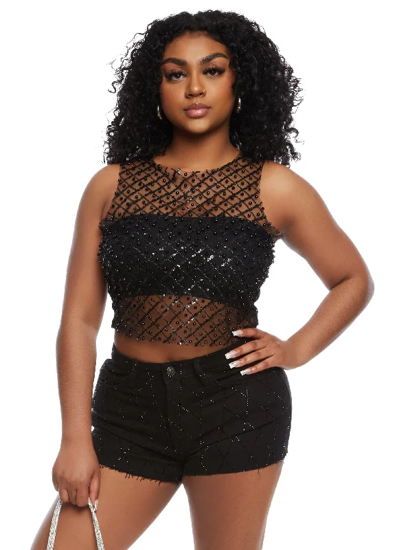 Women's denim shorts for a picnic-Almost Famous Rhinestone Lattice Denim Shorts