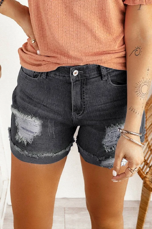 Women's denim shorts what is new and styled or not to:Black Casual Ripped Rolled Hem Denim Shorts