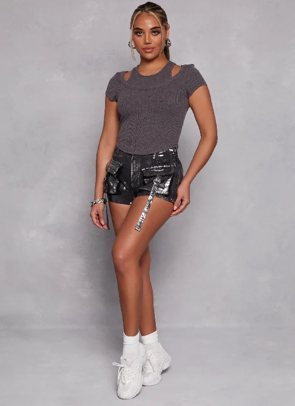 Women's denim shorts for shopping-Daisy Foil Screen Strappy Cargo Denim Shorts