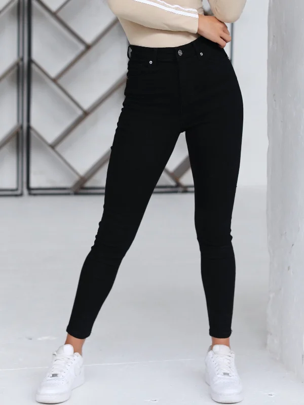 Women's denim jeans with a sequin embellishment-High Waisted Skinny Jeans - Black