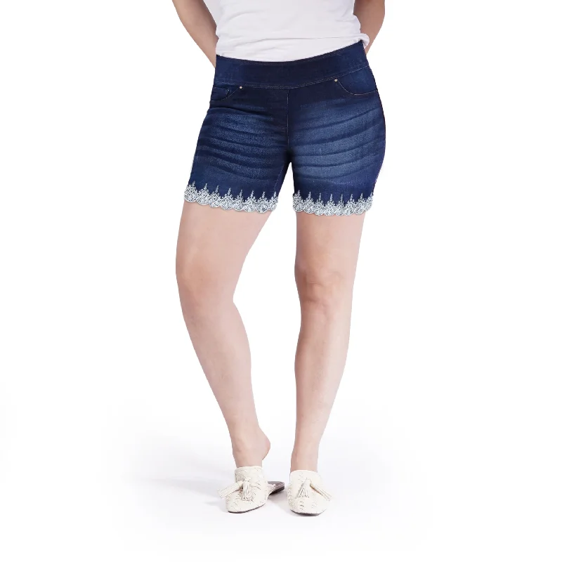 Women's denim shorts for a art gallery visit-Bluberry denim Elastic Waistband Shorts Yara Women's denim shorts for a art gallery visit-Bluberry denim Elastic Waistband Shorts Yara