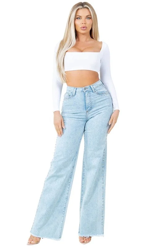Women's denim jeans with a pearl embellishment-Denim flare jeans