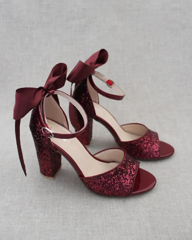 Trendy Chunky Heel Pumps for Casual Wear--Sparkly Tall Evening Block Heel with Long Bow