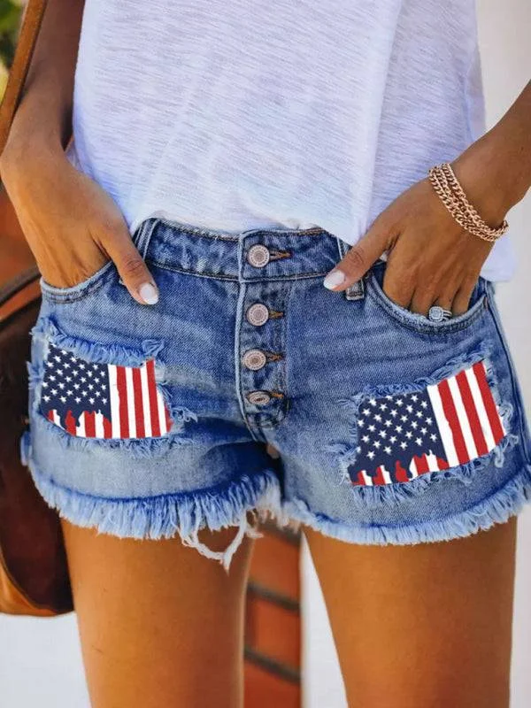 Women's denim shorts with great options on denim style for great to fits :printed patch denim shorts with ripped fringed