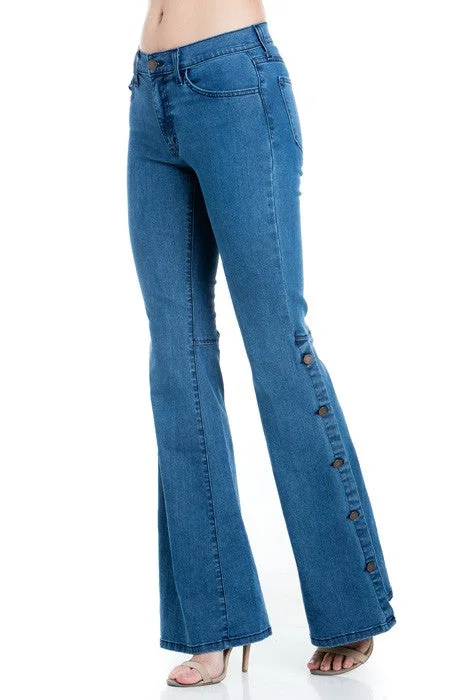 Women's denim jeans with a leather trim-button down bottom flare wide denim golden stitch