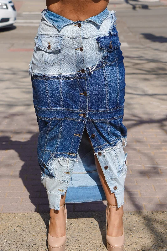 Women's knee-length denim skirts for casual days -Can't Decide Which Way Denim Skirt Women's knee-length denim skirts for casual days -Can't Decide Which Way Denim Skirt