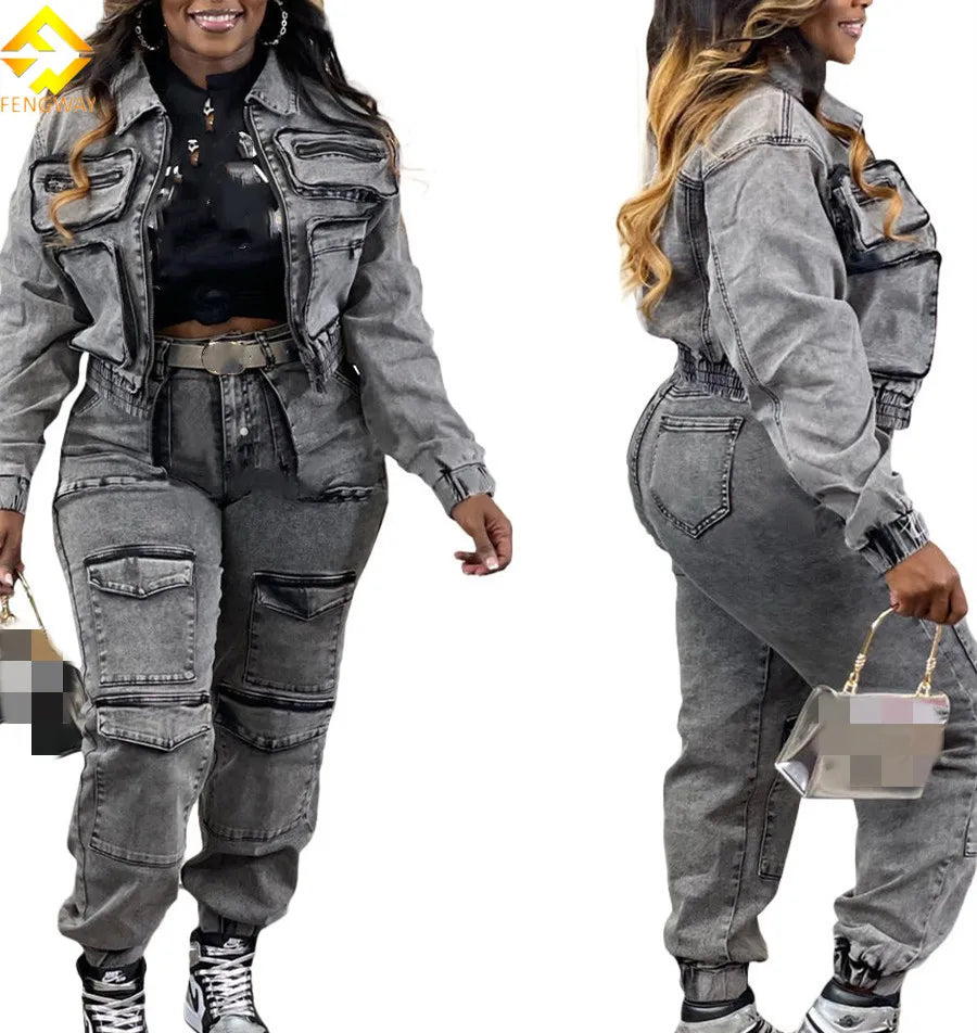 Women's denim set for festival and outdoor events -Cargo Pockets Denim Pants 2024 Outfit Sexy Women Two Pieces Elegant Jeans Casual Matching Set Jacket+trousers Women's denim set for festival and outdoor events -Cargo Pockets Denim Pants 2024 Outfit Sexy Women Two Pieces Elegant Jeans Casual Matching Set Jacket+trousers