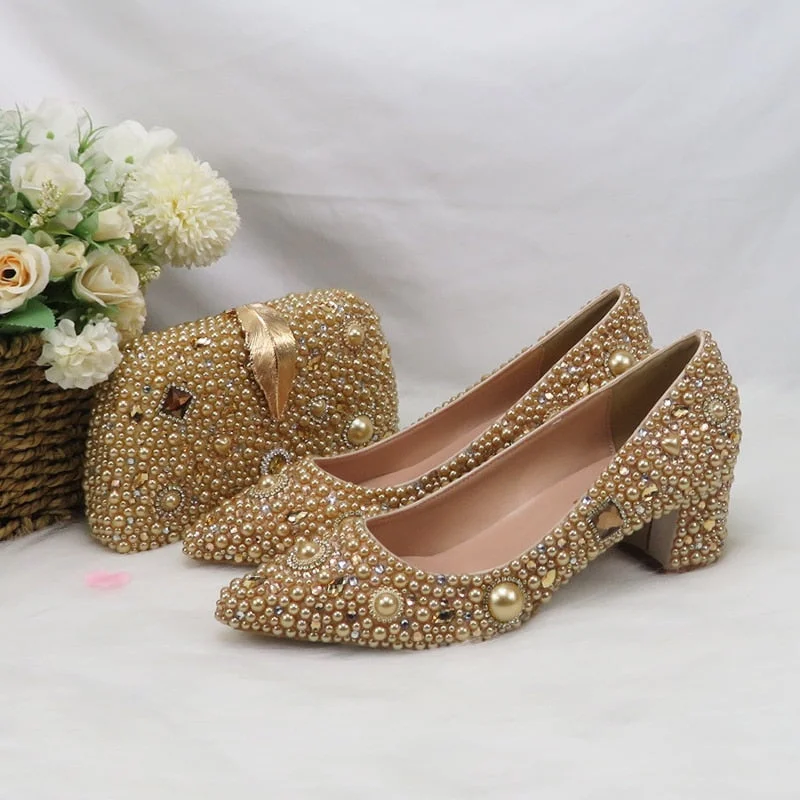 Gold Bridal Wedding shoes with matching bags woman Pointed Toe