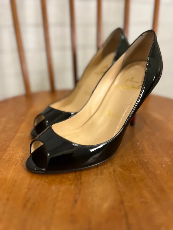 Sleek and Shiny Patent Pump Heels for a Polished Look--CHRISTIAN LOUBOUTIN Patent Peep Toe Pumps / US6-EU36.5