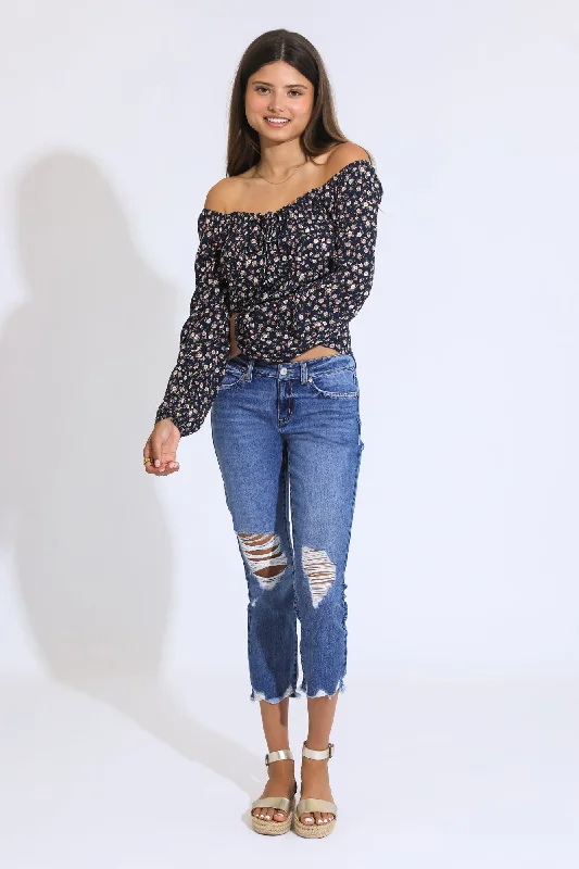 Women's denim jeans with fit plus on for quality-CLASSIC RISE CROPPED JEANS - DARK BLUE/BLACK