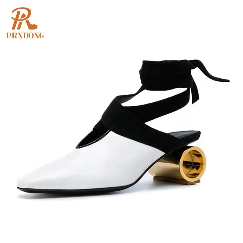 Classics Cross-tied Women's Pumps Genuine Leather Round Toe Platform Med Heels---Comfortable Leather Pumps for Office and Everyday Wear