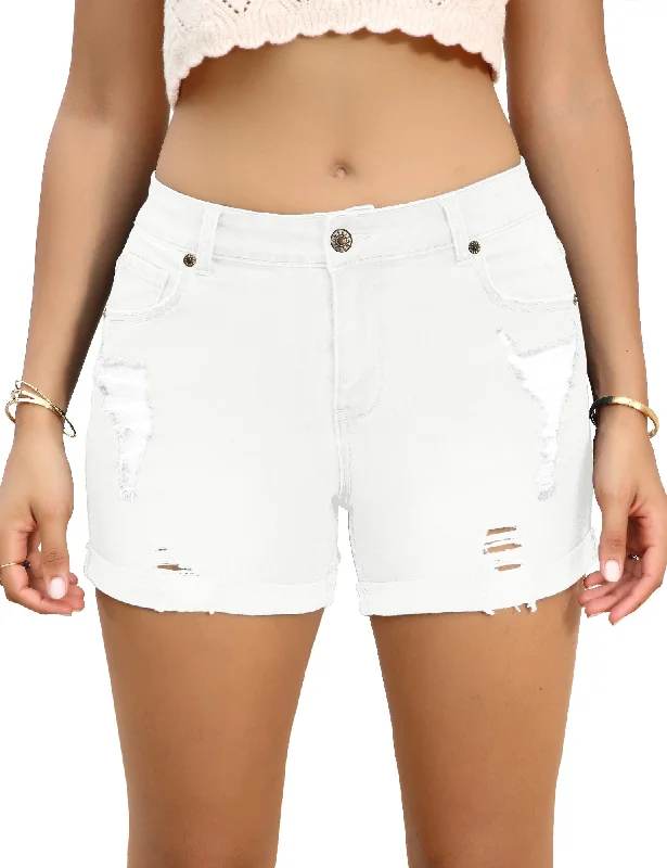 Women's denim shorts with a watch-Women Mid Rise Stretch Denim Shorts Ripped Cuffed Hem Jean Shorts