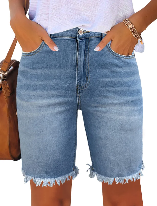 Women's denim shorts with earrings-Light Blue Women's High Waisted Rolled Hem Distressed Jeans Ripped Denim Shorts