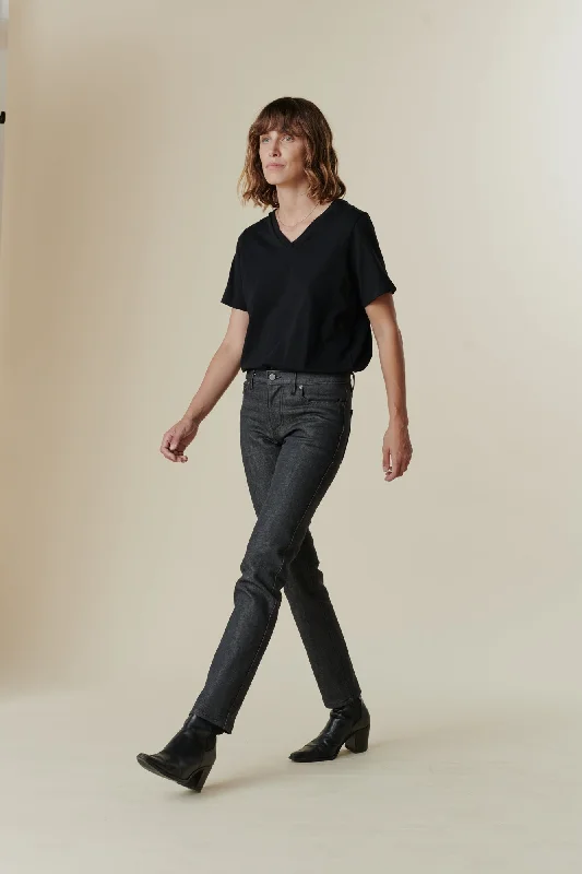 Women's denim jeans with a faith cause design embellishment-Women's Straight Leg Mid Rise Jeans - Black