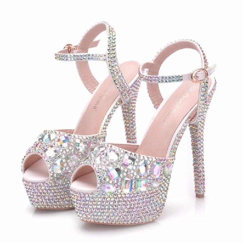 Stylish Platform Heels for Extra Height--Diamond Women Super High Heels Wedding Pumps 14cm Peep Shoes  Platform