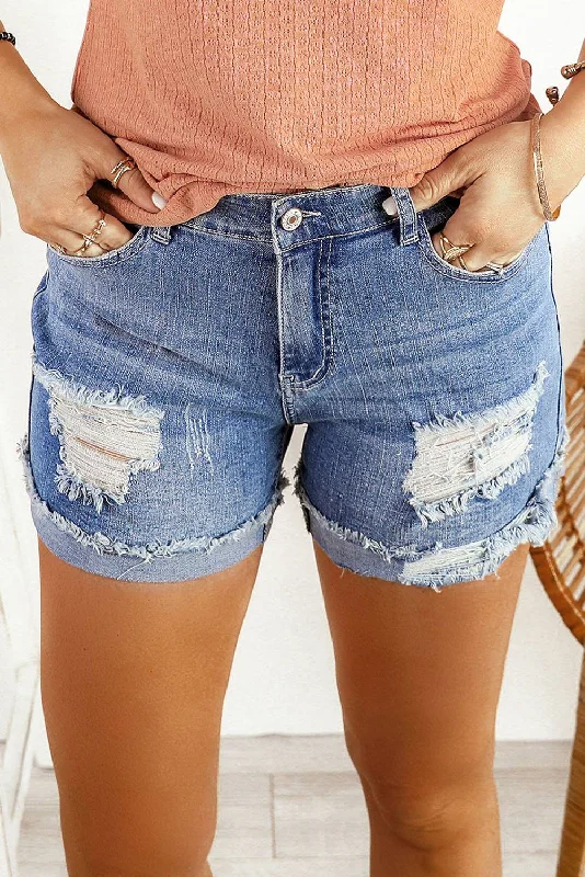 Where Denim to be great:Dark Blue Casual Ripped Rolled Hem Denim Shorts