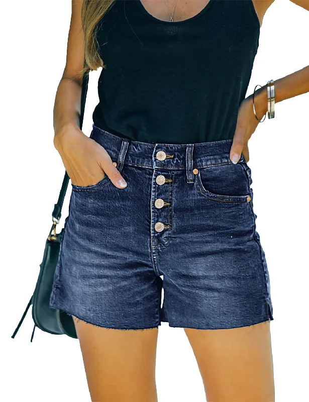 To great jeans stylist in 2025.Dark Blue Raw Hem Button-Up Denim Shorts