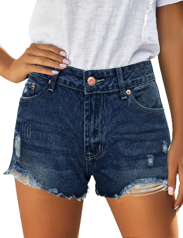 Women's denim shorts for a birthday celebration-Women's Mid Rise Frayed Ripped Raw Hem Denim Jean Shorts