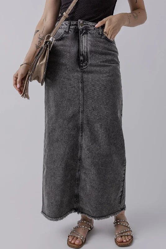 Women's denim skirts with lace trim for feminine look -Dark Grey Denim Raw Hem Back Split High Waist Long Skirt Women's denim skirts with lace trim for feminine look -Dark Grey Denim Raw Hem Back Split High Waist Long Skirt